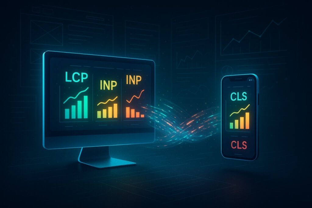 Αφηρημένο concept art με έναν επιτραπέζιο υπολογιστή και ένα smartphone δίπλα-δίπλα, που εμφανίζουν μετρήσεις Core Web Vitals (LCP, INP, CLS) με φωτεινά εφέ. Ψηφιακά δεδομένα ρέουν ανάμεσα στις συσκευές, συμβολίζοντας τη βελτιστοποίηση απόδοσης και το responsive design.