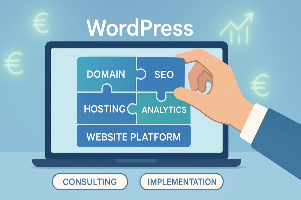Χέρι ολοκληρώνει παζλ σε οθόνη λάπτοπ με θέμα το πώς δημιουργώ ιστοσελίδα (Domain, Hosting, SEO, Analytics, Website Platform). Κύριο θέμα 'WordPress', με επιλογές Consulting και Implementation.