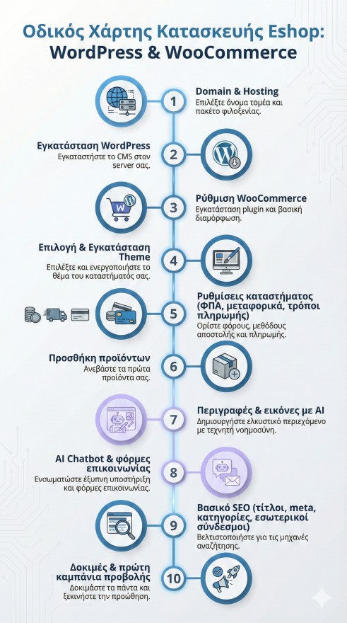 Eshop WordPress: Κατακόρυφο infographic roadmap 10 βημάτων για κατασκευή eshop με WordPress και WooCommerce: domain, hosting, εγκατάσταση, theme, ρυθμίσεις, προϊόντα, AI, SEO, δοκιμές