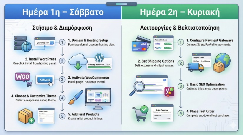 Eshop WordPress: Infographic workflow δύο ημερών για κατασκευή eshop: Σάββατο - εγκατάσταση WordPress και προσθήκη προϊόντων, Κυριακή - ρυθμίσεις πληρωμών και SEO