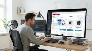 Kataskevi Eshop Wordpress Επιχειρηματίας εργάζεται σε laptop με ανοιχτό το WordPress dashboard και WooCommerce για κατασκευή eshop με AI εργαλεία