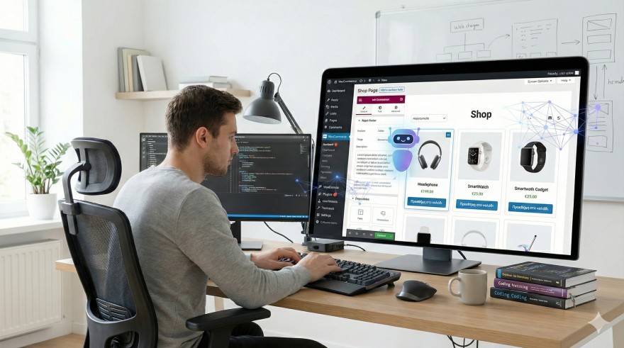 Kataskevi Eshop Wordpress Επιχειρηματίας εργάζεται σε laptop με ανοιχτό το WordPress dashboard και WooCommerce για κατασκευή eshop με AI εργαλεία