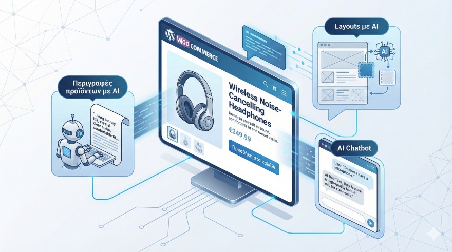 Wordpress Woocommerce Ai: Σελίδα προϊόντος WooCommerce με συνδεδεμένα AI εργαλεία: περιγραφές προϊόντων με AI, AI chatbot και AI layouts για page building